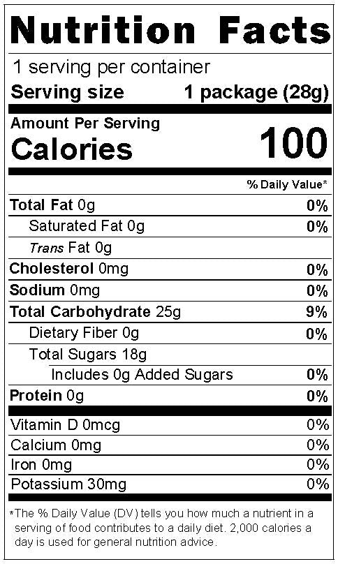 Nutrition facts panel for freeze-dried fuji apples.