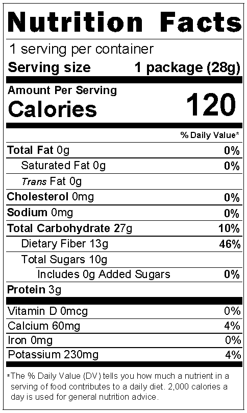 Wise Harvest Freeeze-Dried Raspberries 1 oz Nutritional Facts Panel