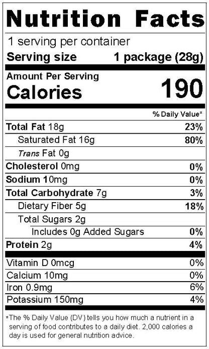 Nutrition facts panel for freeze-dried coconut.