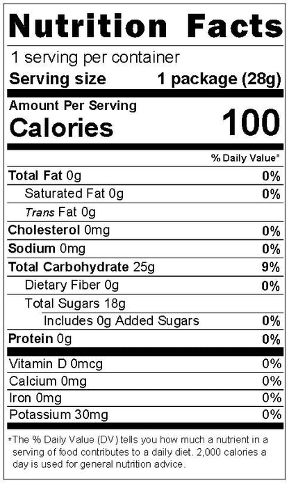 Nutrition facts panel for freeze-dried fuji apples.