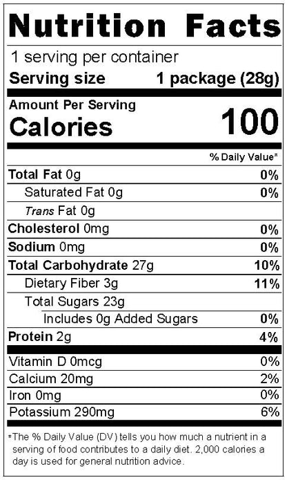 Nutrition facts panel for freeze-dried mango.