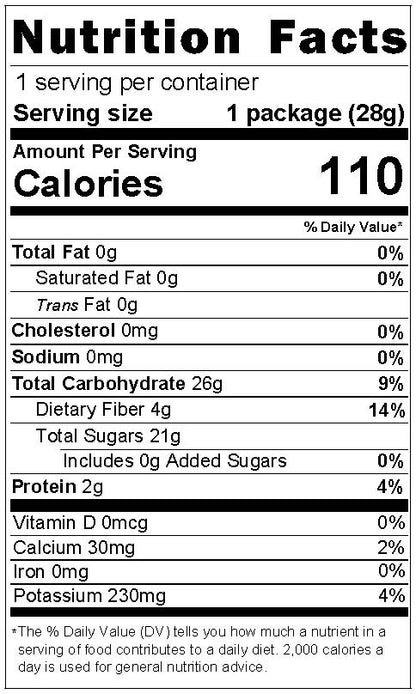 Nutrition facts panel for freeze-dried pineapple.