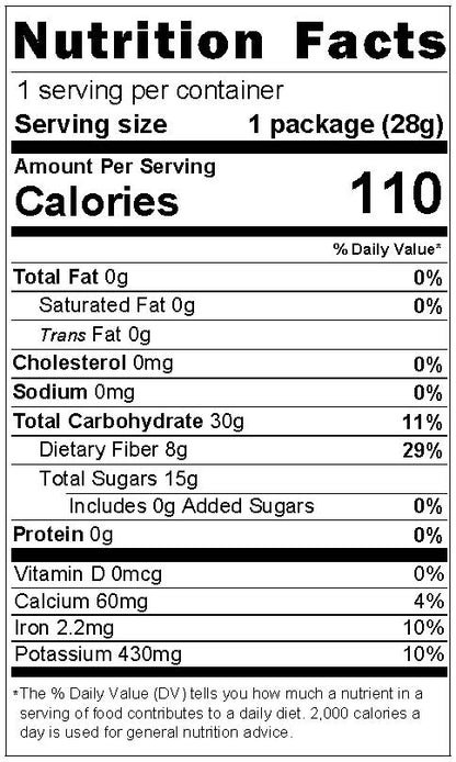 Nutrition facts panel for freeze-dried strawberries.