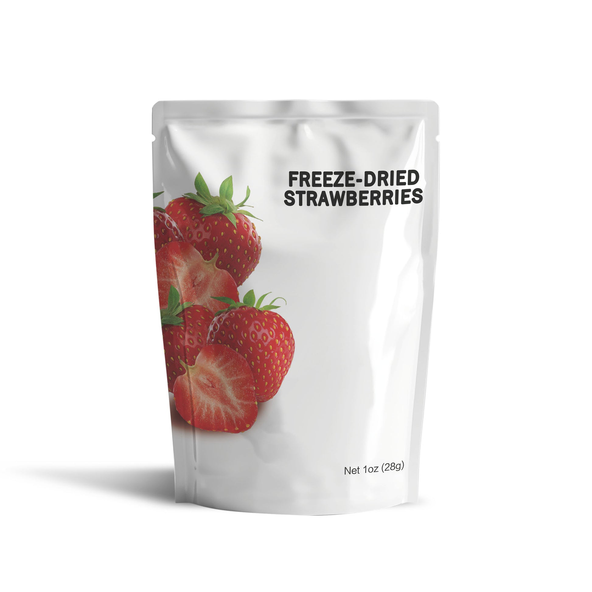 Packaging of freeze-dried strawberries on a white background