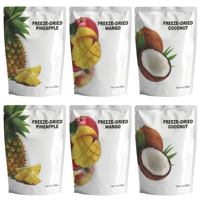 Assortment of freeze-dried fruit snack pouches including pineapple, mango, and coconut.