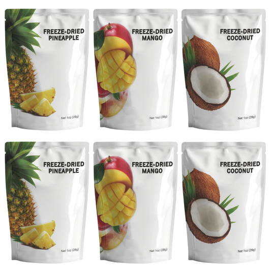 Assortment of freeze-dried fruit snack pouches including pineapple, mango, and coconut.